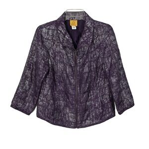 Ruby Rd. Womens Purple Metallic Crackle Quilted Zip Up Jacket Size 10